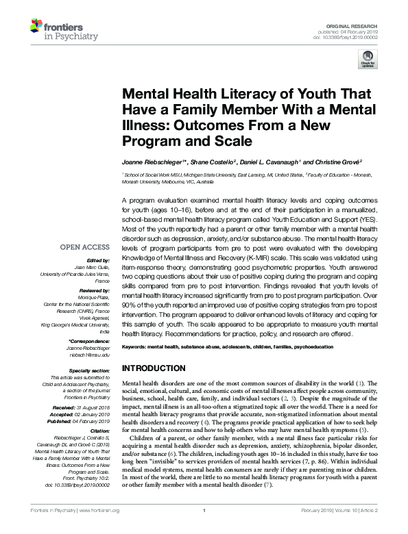 (PDF) Mental Health Literacy of Youth That Have a Family Member With a ...