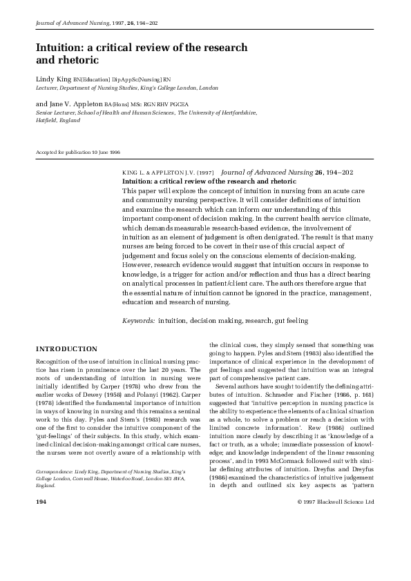 (PDF) Intuition : A Critical Review of the Research and Rhetoric