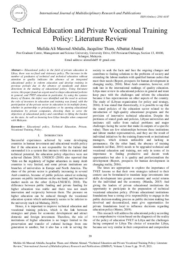 Pdf Technical Education And Private Vocational Training Policy