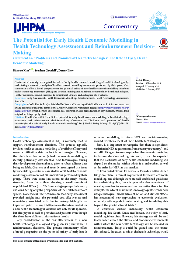 (PDF) The Potential for Early Health Economic Modelling in Health ...
