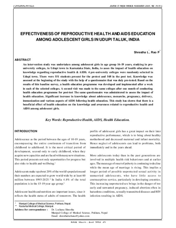 (PDF) Effectiveness of Reproductive Health and AIDS Education among ...