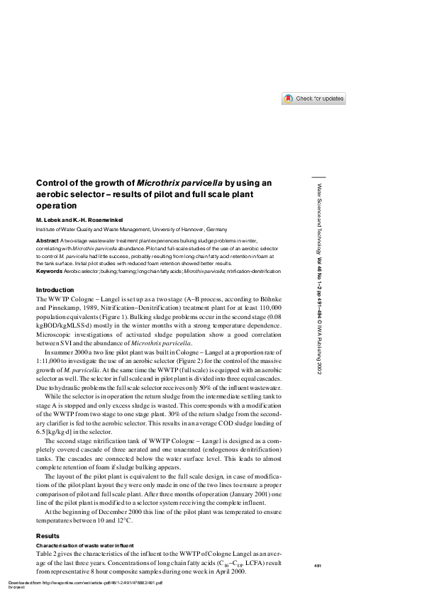 (PDF) Control of the growth of Microthrix parvicella by using an ...