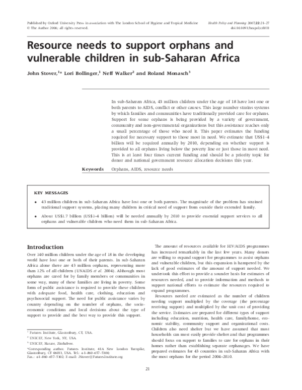 (PDF) Resource needs to support orphans and vulnerable children in sub ...