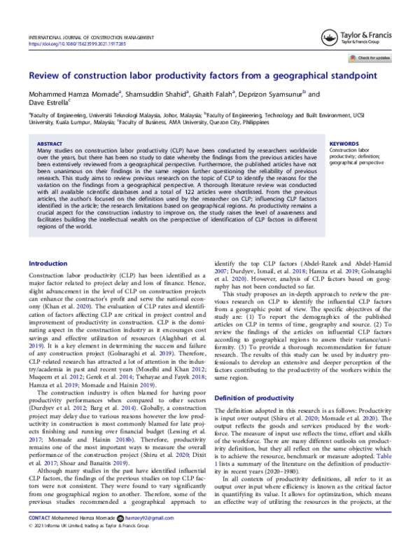 (PDF) Review of construction labor productivity factors from a ...