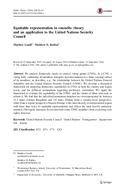 (PDF) Equitable representation in councils: theory and an application ...
