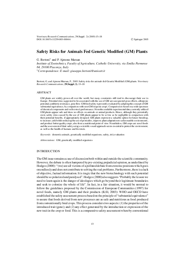 (PDF) Safety Risks for Animals Fed Genetic Modified (GM) Plants