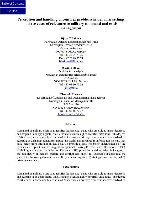 Perception and handling of complex problems in dynamic settings - three ...