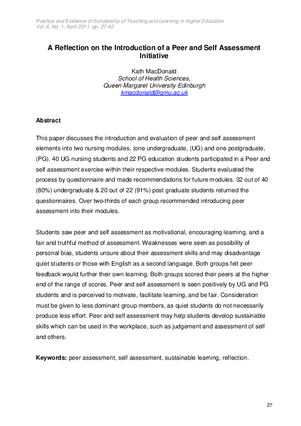 (PDF) A Reflection on the Introduction of a Peer and Self Assessment ...