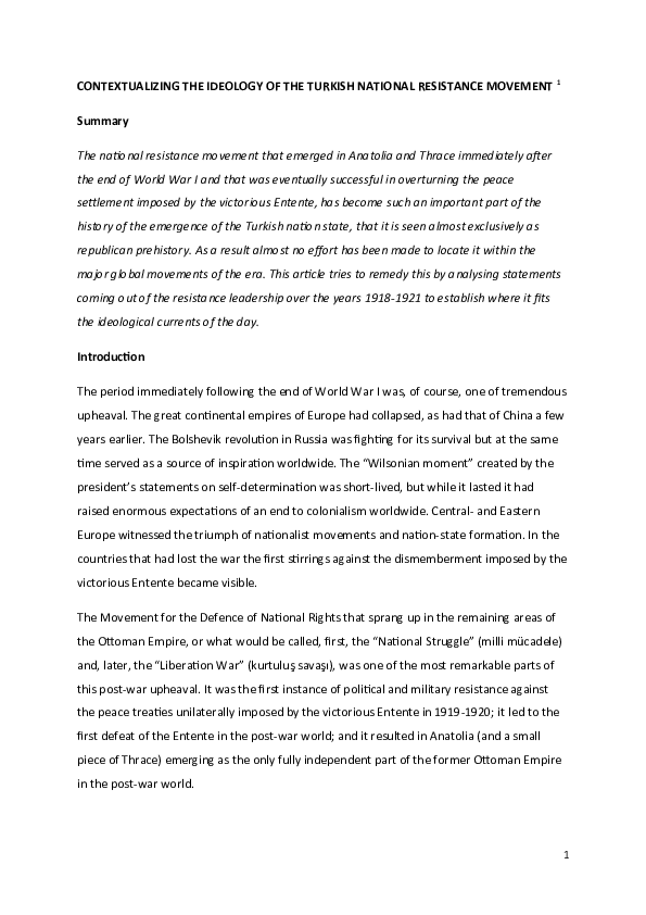 (DOC) CONTEXTUALIZING THE IDEOLOGY OF THE TURKISH NATIONAL RESISTANCE ...