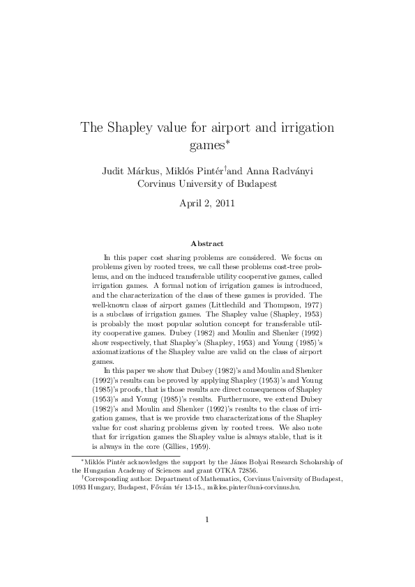 (PDF) The Shapley value for airport and irrigation games