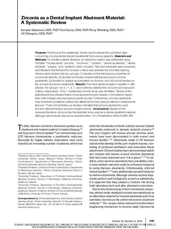 (PDF) Zirconia as a dental implant abutment material: a systematic review
