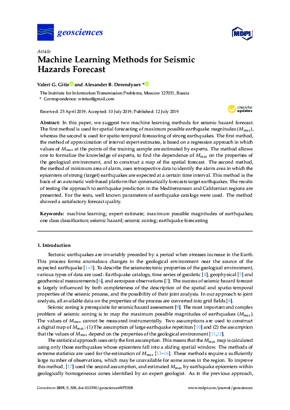 (PDF) Machine Learning Methods for Seismic Hazards Forecast