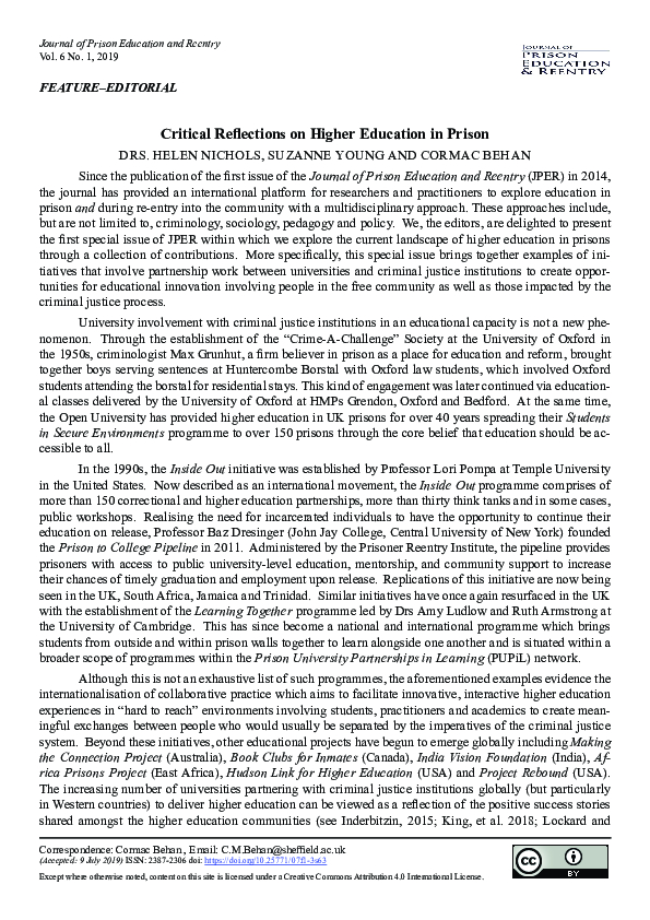 (PDF) Critical Reflections on Higher Education in Prison