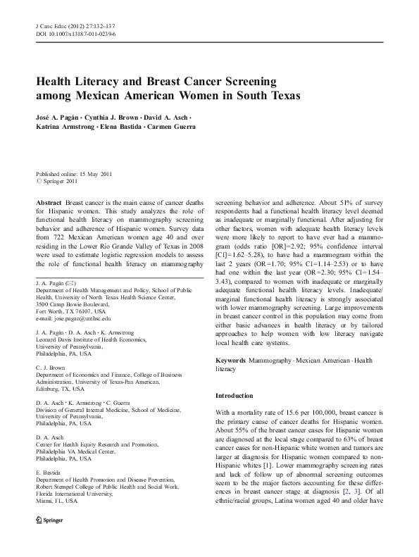(PDF) Health Literacy and Breast Cancer Screening among Mexican ...