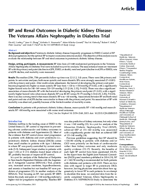 (PDF) BP and Renal Outcomes in Diabetic Kidney Disease: The Veterans ...