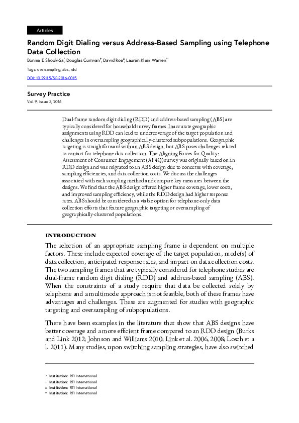 (PDF) Random Digit Dialing versus Address-Based Sampling using ...