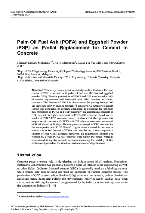 (PDF) Palm Oil Fuel Ash (POFA) and Eggshell Powder (ESP) as Partial ...