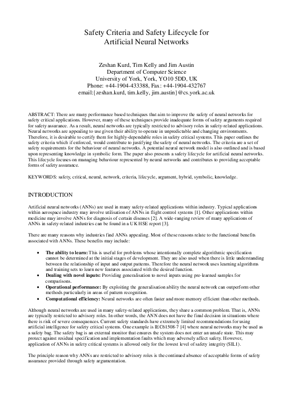 (PDF) Safety criteria and safety lifecycle for artificial neural networks