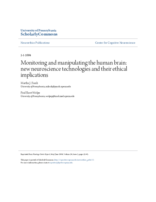 (PDF) Monitoring and manipulating the human brain: new neuroscience ...