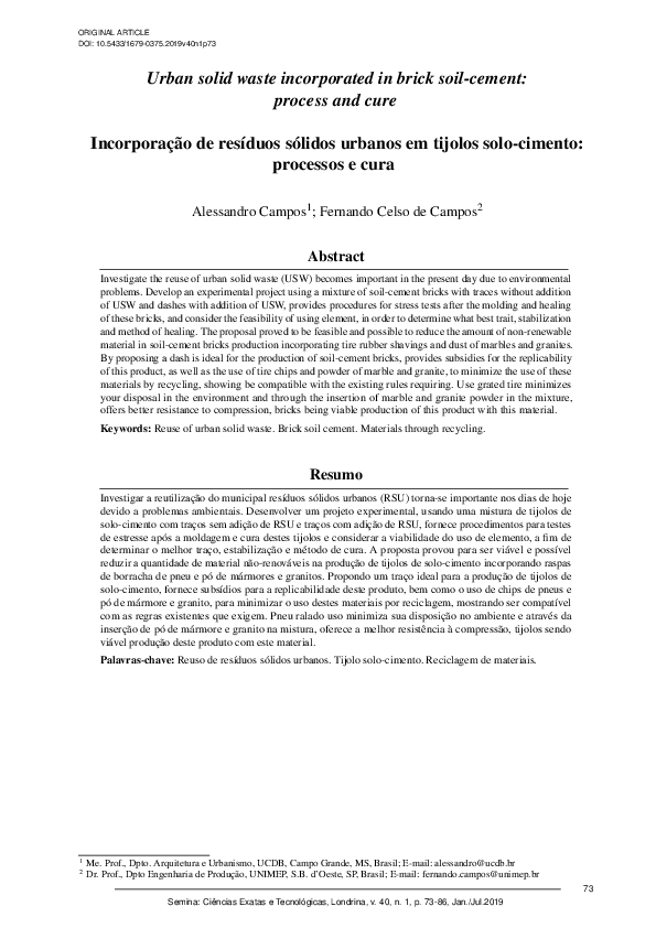 (PDF) Urban solid waste incorporated in brick soil-cement: process and cure