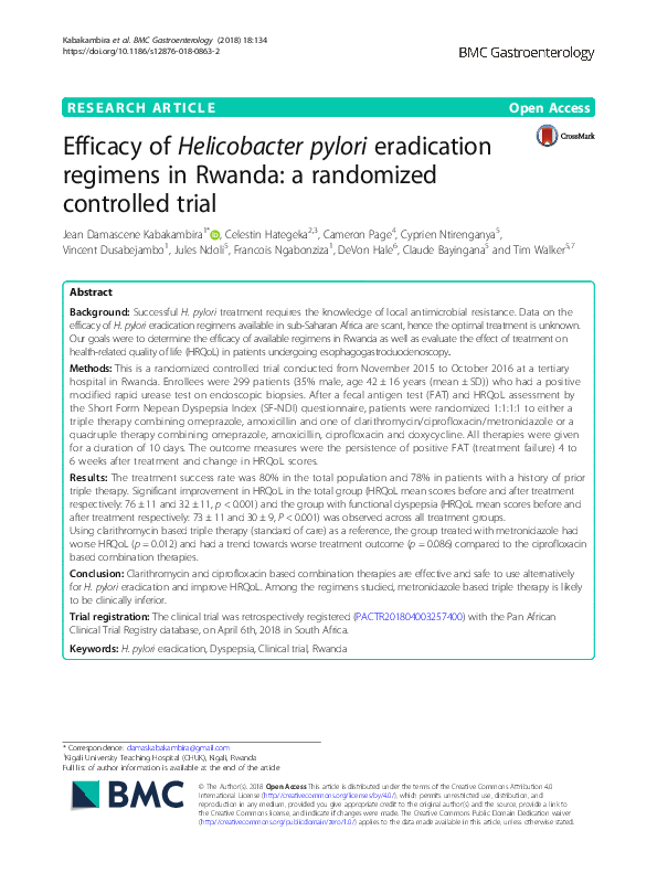(PDF) Efficacy of Helicobacter pylori eradication regimens in Rwanda: a ...