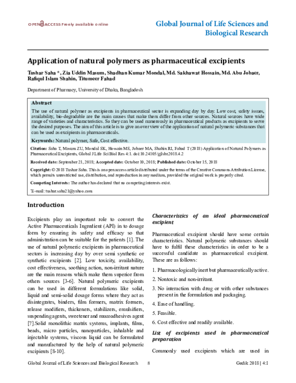 (PDF) Application of natural polymers as pharmaceutical excipients