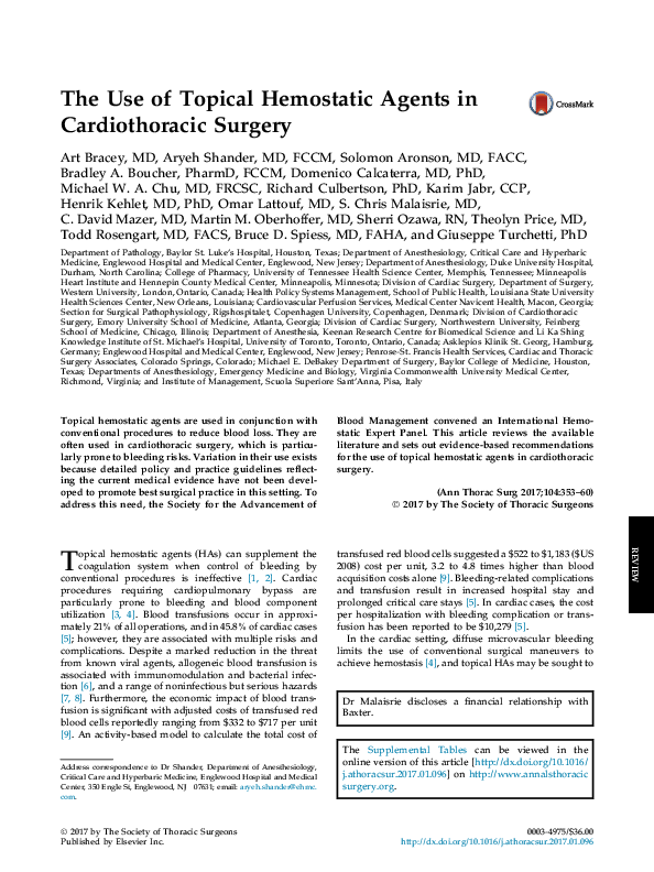 (PDF) The Use of Topical Hemostatic Agents in Cardiothoracic Surgery