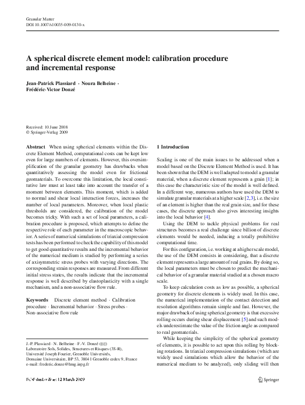 (PDF) A spherical discrete element model: calibration procedure and ...