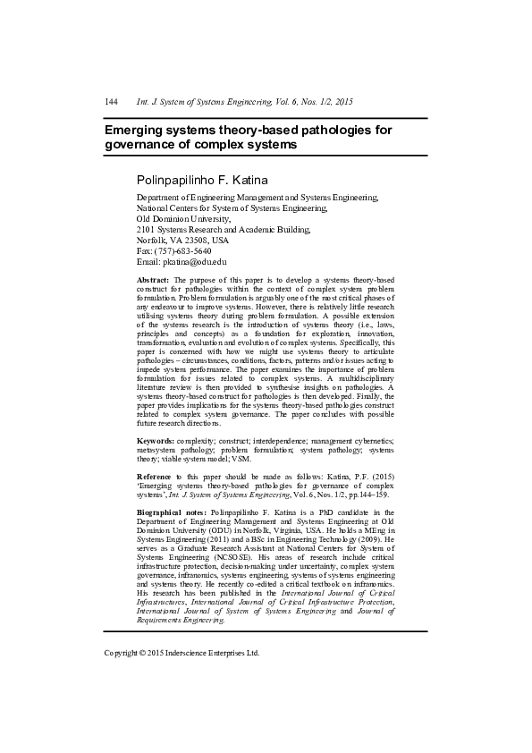 (PDF) Emerging systems theory-based pathologies for governance of ...