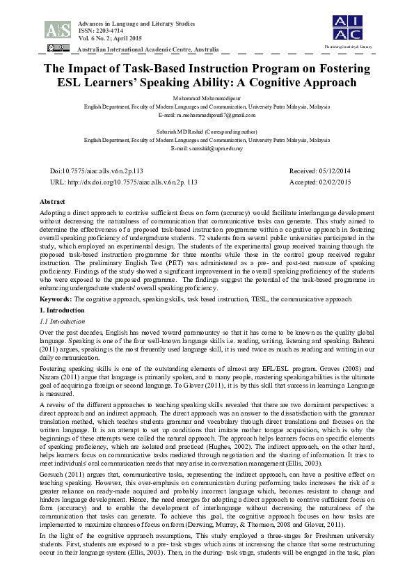 (PDF) The Impact of Task-Based Instruction Program on Fostering ESL ...