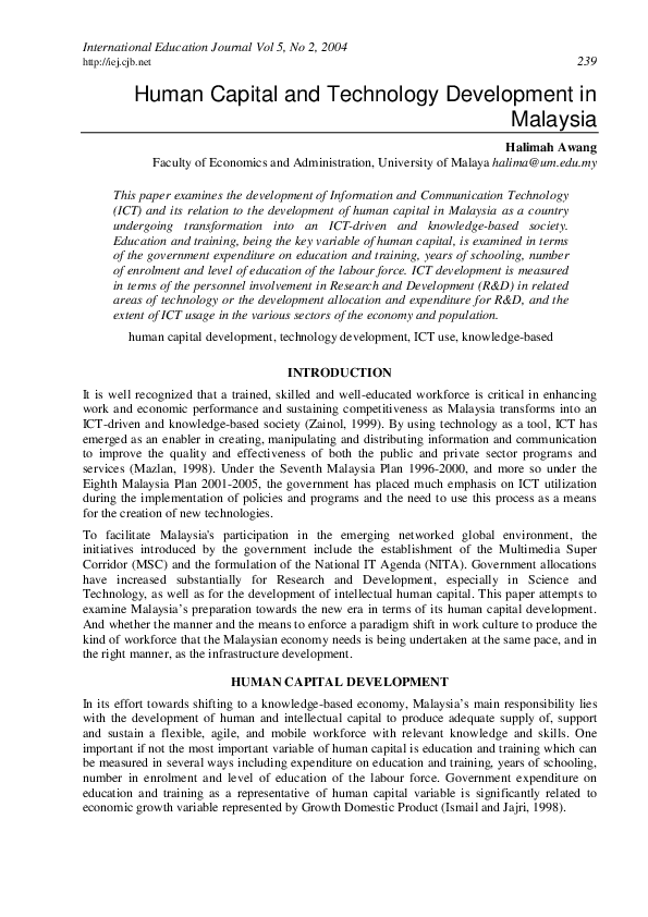 Human capital and technology development in Malaysia