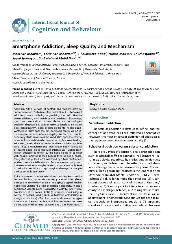(PDF) Smartphone Addiction, Sleep Quality and Mechanism