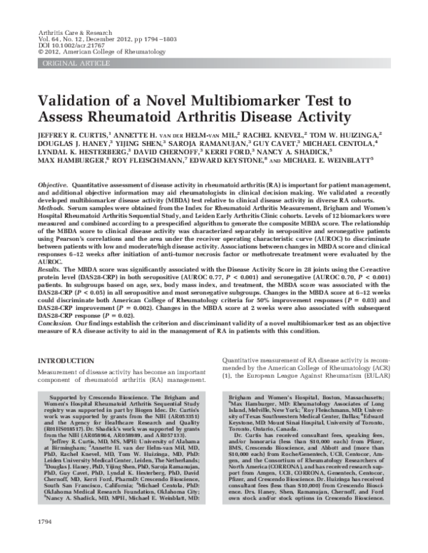 (PDF) Validation of a novel multibiomarker test to assess rheumatoid ...