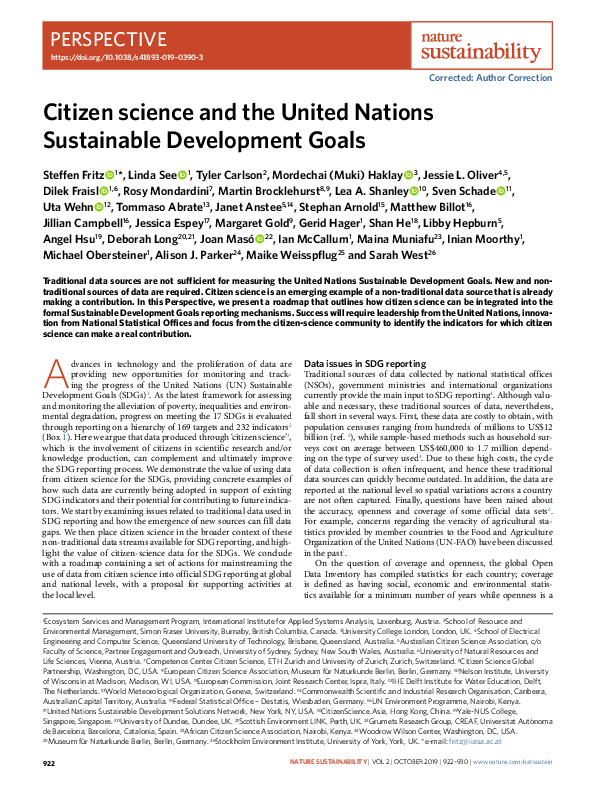 (PDF) Citizen science and the United Nations Sustainable Development Goals