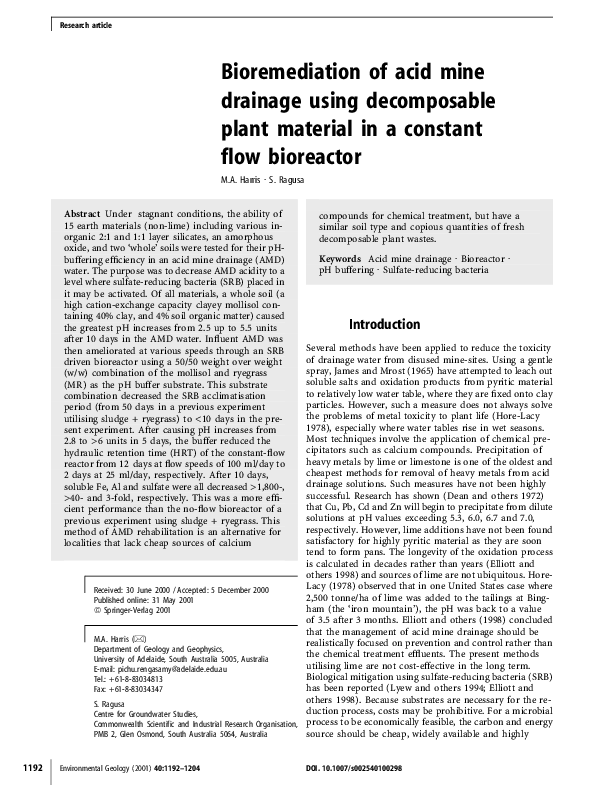 (PDF) Bioremediation of acid mine drainage using decomposable plant ...