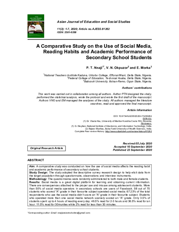 (PDF) A Comparative Study on the Use of Social Media, Reading Habits ...
