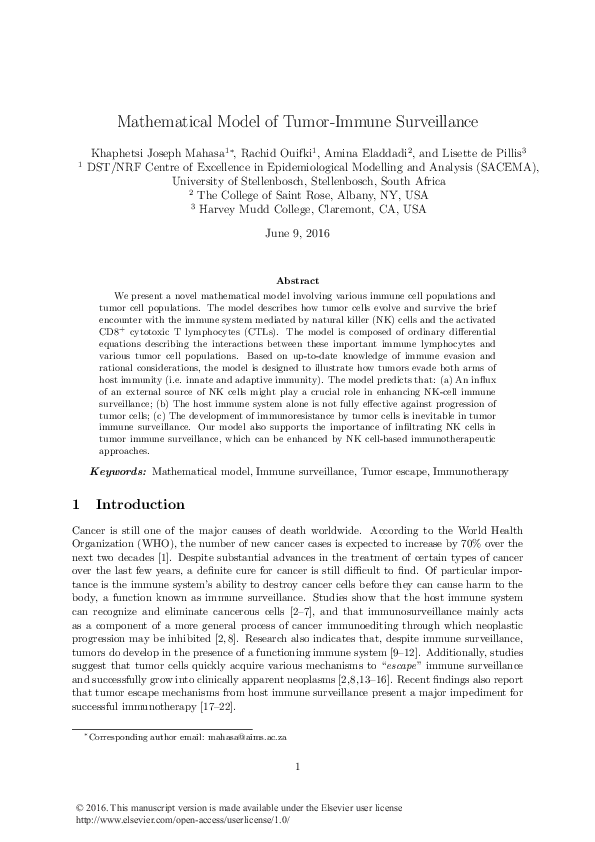 (PDF) Mathematical model of tumor–immune surveillance