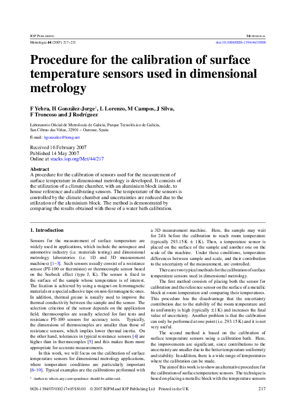 (PDF) Procedure for the calibration of surface temperature sensors used ...