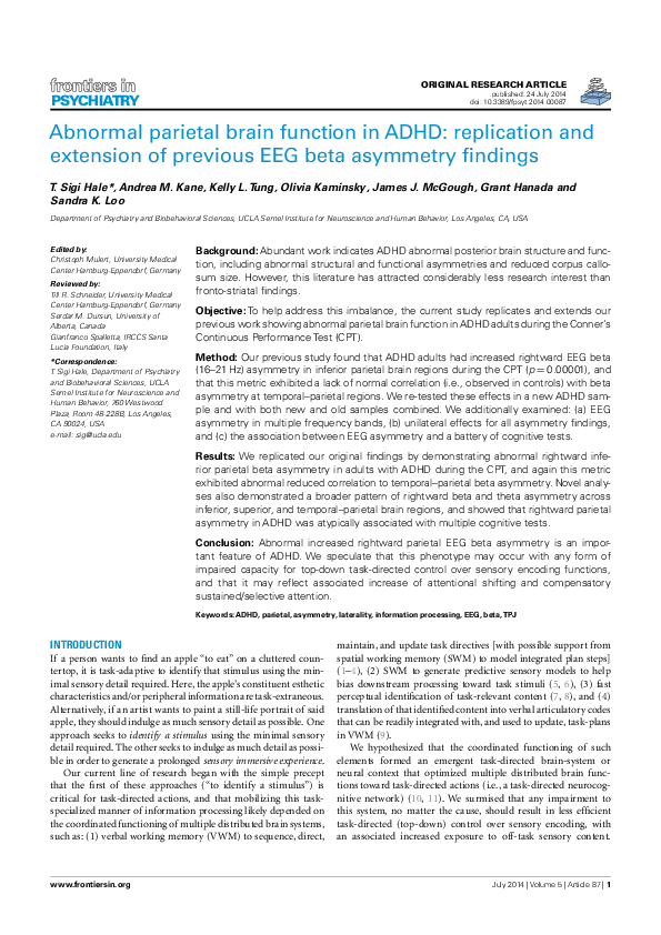 (PDF) Abnormal Parietal Brain Function in ADHD: Replication and ...