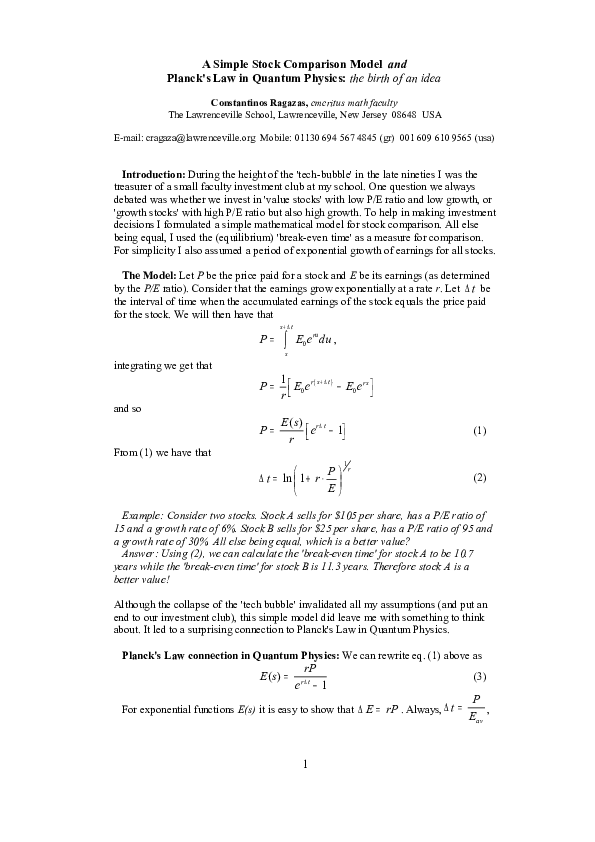 (PDF) A Simple Stock Comparison Model and Planck's Law in Quantum ...