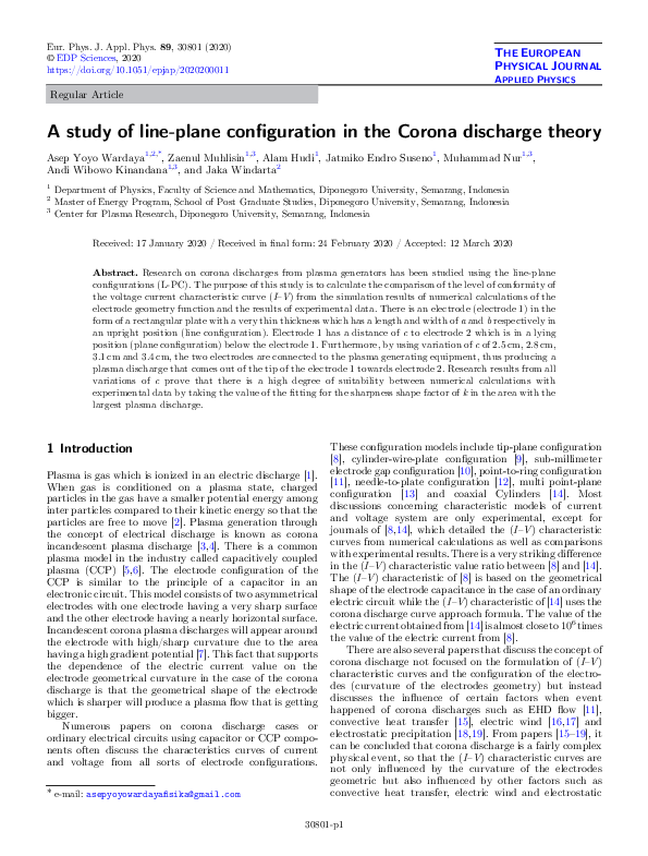 (PDF) A study of line-plane configuration in the Corona discharge theory