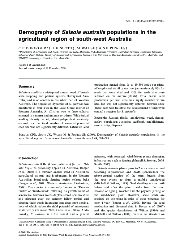 Demography of Salsola australis populations in the agricultural region of south-west Australia