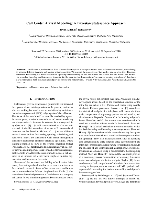 (PDF) Call center arrival modeling: A Bayesian state-space approach