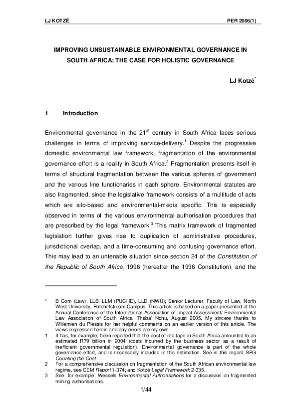 (PDF) Improving unsustainable environmental governance in South Africa ...