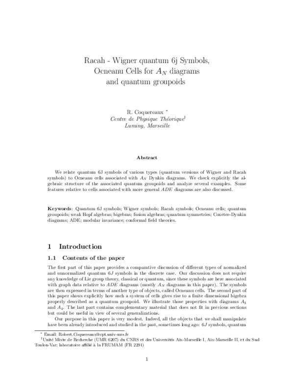 (PDF) Racah–Wigner quantum symbols, Ocneanu cells for diagrams and ...