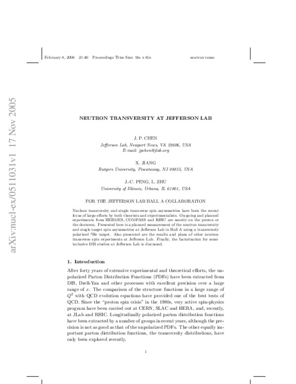 (PDF) Neutron Transversity at Jefferson Lab