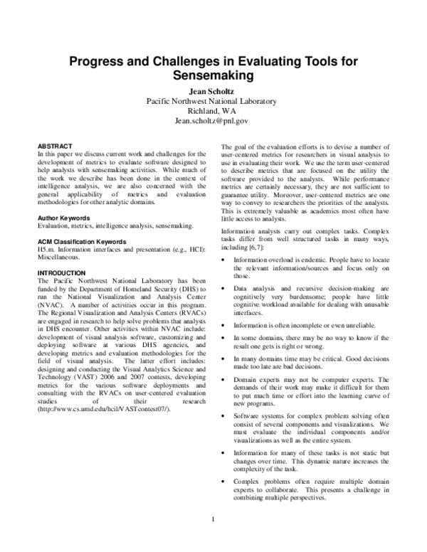 (PDF) Progress and challenges in evaluating tools for sensemaking