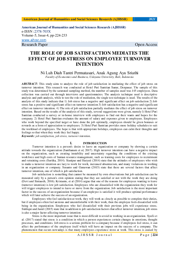 (PDF) THE ROLE OF JOB SATISFACTION MEDIATES THE EFFECT OF JOB STRESS ON ...