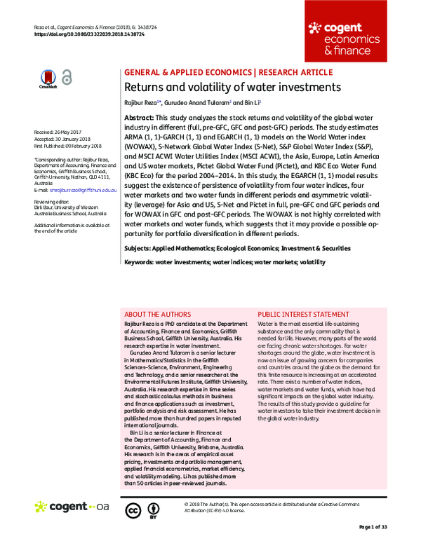 (PDF) Returns and volatility of water investments