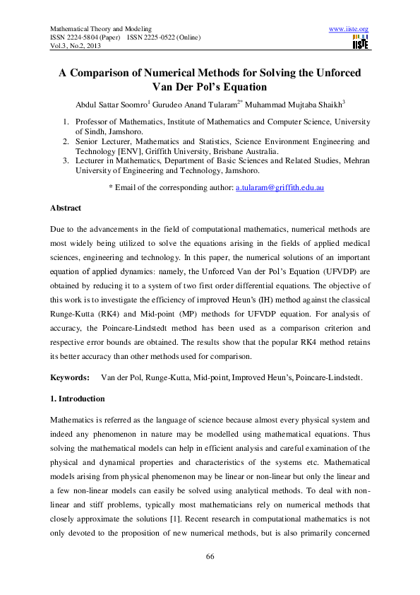 (PDF) A Comparison of Numerical Methods for Solving the Unforced Van ...
